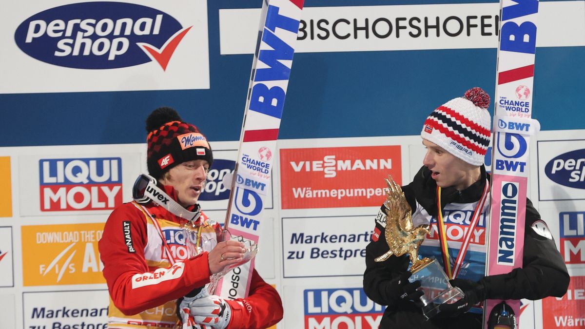 Halvor Egner Granerud Dawid Kubacki
Bischofshofen, Austria, 06.01.2023. Granerud i Kubacki na podium. Halvor Egner Granerud (P) wygra� 6 bm. w Bischofshofen 71. Turniej Czterech Skoczni. Drugie miejsce zaj�� Dawid Kubacki (L). (gj) PAP/Grzegorz Momot
Grzegorz Momot
71 Turniej Czterech Skoczni w Bischofshofen, dekoracja, konkurs, podium, skoczek narciarski, TCS, Turniej Czterech Skoczni w Bischofshofen