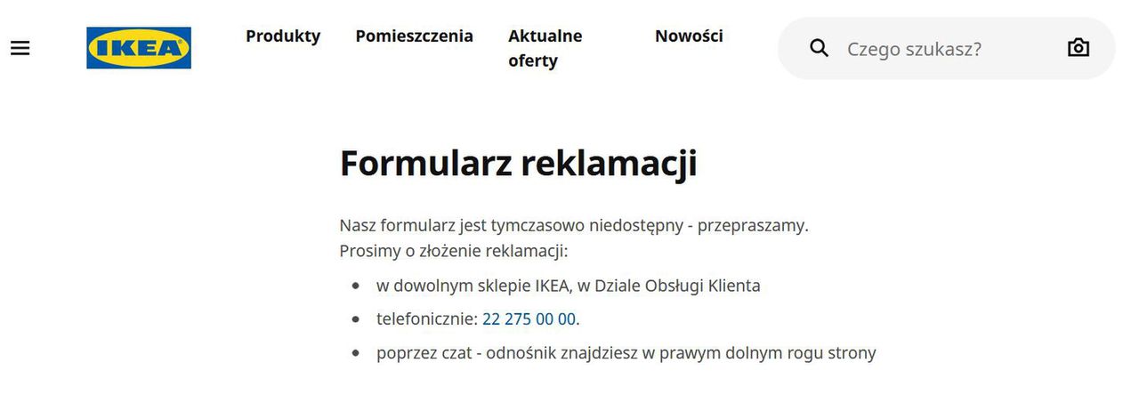 Komunikat na stronie IKEI, kiedy wybieramy formularz reklamacji