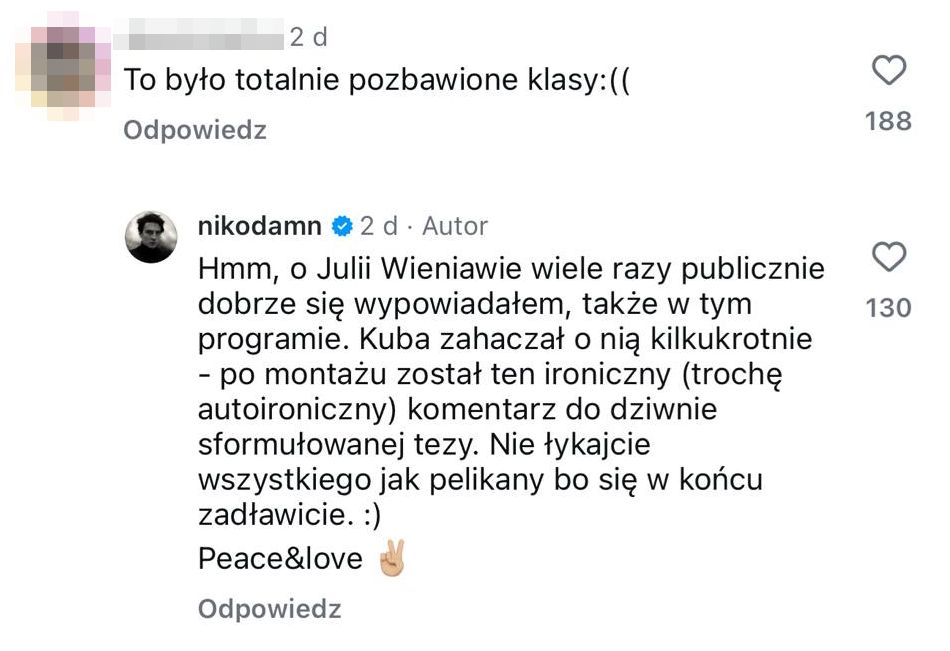 Nikodem Rozbicki odpisuje na uwagę internautki