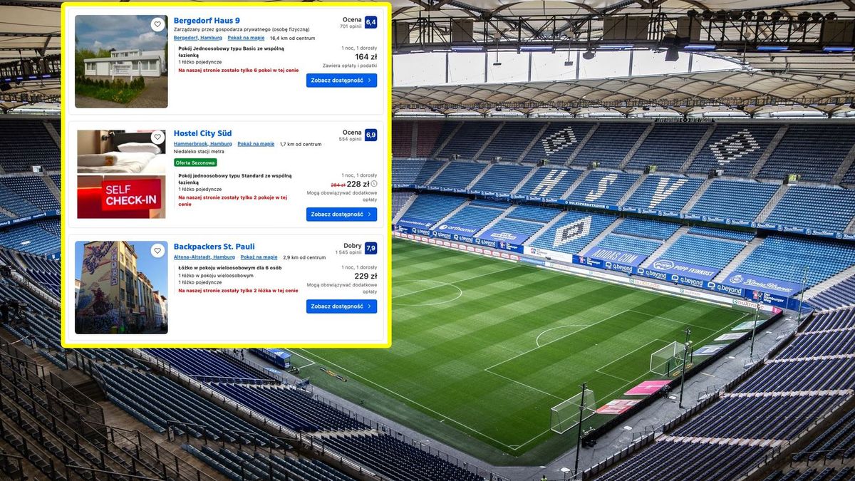 Na głównym zdjęciu: stadion w Hamburgu, w ramce: ceny noclegów w Hamburgu na stronie Booking