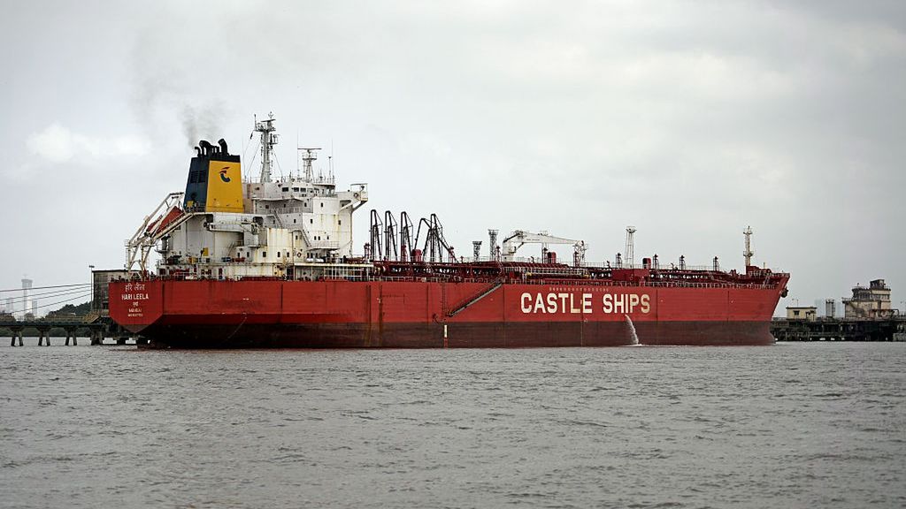 Oil tanker Kashimasan Docked In Mumbai
The cargo ship Castle Ships is seen near industrial structures along the shoreline under overcast skies in Mumbai, India, on April 1, 2026. (Photo by Indranil Aditya/NurPhoto via Getty Images)
NurPhoto
skyline, photo, maritime, april 1, trade, overcast skies, transport, cargo ship, industrial structures, ocean, port, freight, cloudy weather, sea transport, vessel, marine, indranil aditya, urban., coastal, maritime industry, nurphoto, shoreline, logistics, castle ships, dock