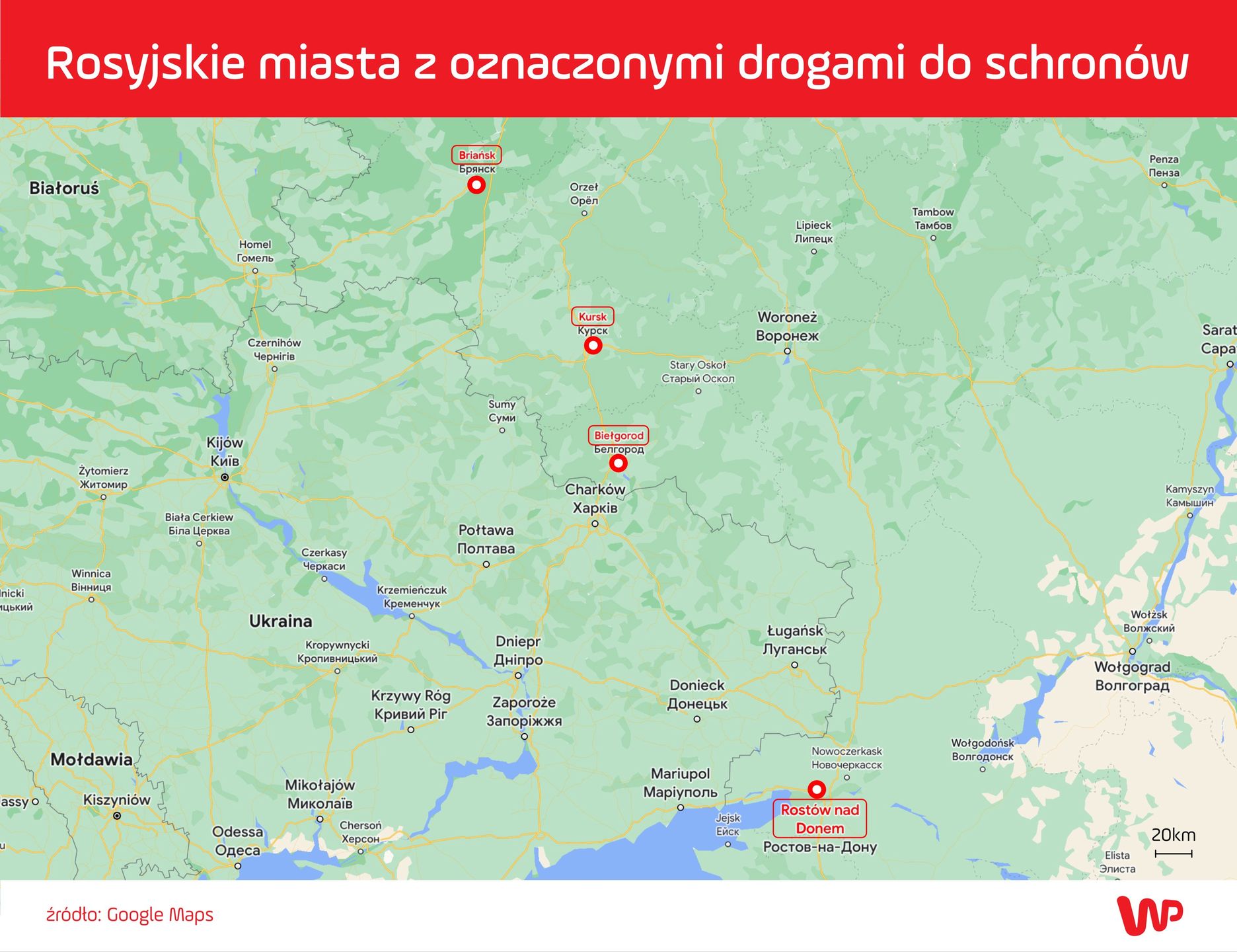 Rosyjskie miasta z tabliczkami prowadzącymi do schronów