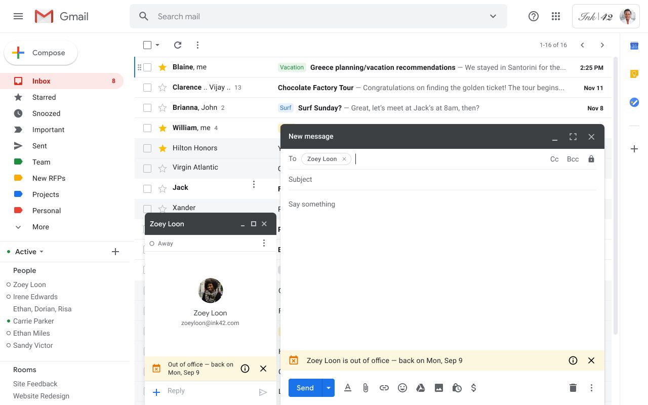 Powiadomienia o nieobecności w Gmailu, źródło: Google.