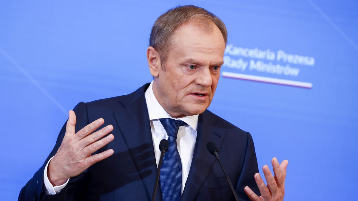 Donald Tusk, Prime Minister of Poland, is seen during a press conference after a bilateral meeting in the Prime Minister Chancellery on February 23, 2024 in Warsaw, Poland. The chairwoman of the EU executive arrived to announce that up to 137 billion euros of EU funds, currently blocked for Poland, will be released by the College of Commissioners next week. (Photo by Beata Zawrzel/NurPhoto via Getty Images)