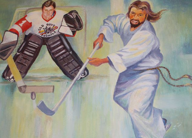 Paweł Łukaszka na obrazie gra w hokeja z... Jezusem