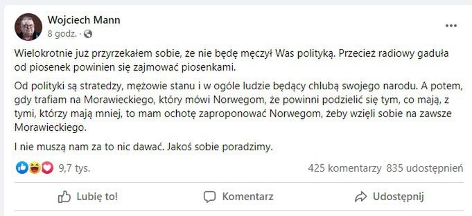 Wojciech Mann skomentował sprawę na Facebooku 