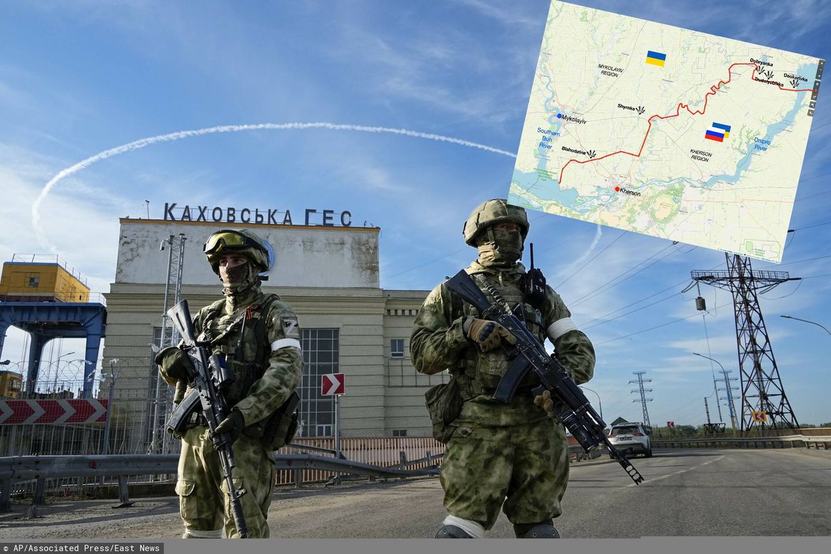 Żołnierze rosyjscy przy elektrowni wodnej w Kachowce 