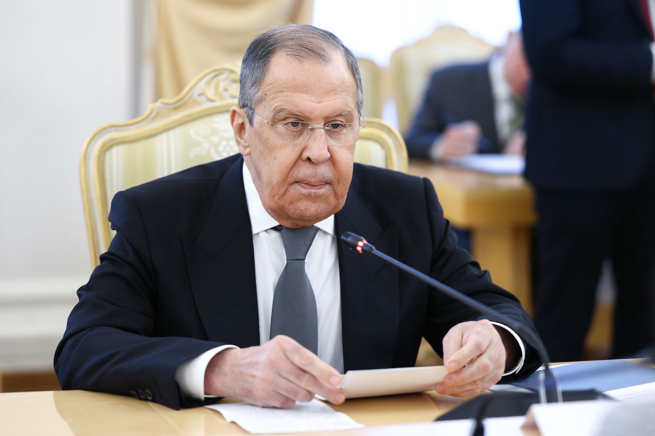 MOSCOW, RUSSIA - JANUARY 16: (----EDITORIAL USE ONLY - MANDATORY CREDIT - 'RUSSIAN FOREIGN MINISTRY / HANDOUT' - NO MARKETING NO ADVERTISING CAMPAIGNS - DISTRIBUTED AS A SERVICE TO CLIENTS----) Russian Foreign Minister Sergei Lavrov meets with his North Korean counterpart Choe Son Hui (not seen) in Moscow, Russia on January 16, 2024. (Photo by Russian Foreign Ministry / Handout/Anadolu via Getty Images)
