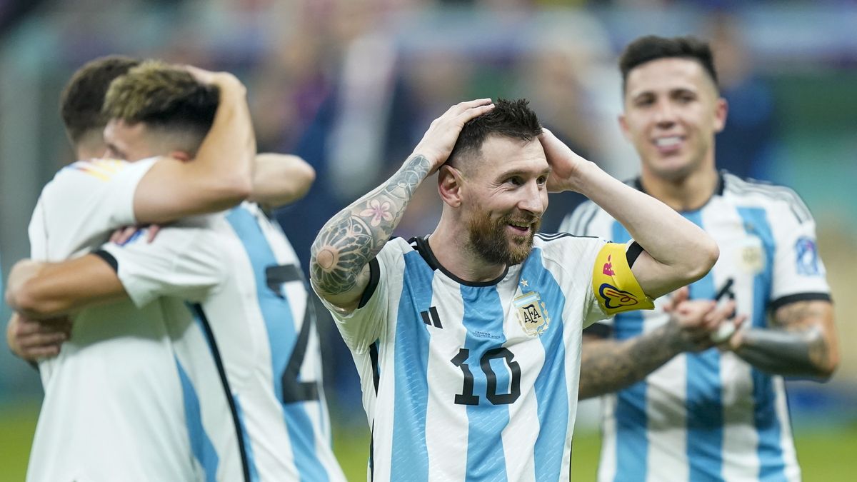 LUSAIL, QATAR - DECEMBER 13: Argentina forward Lionel Messi (10) reacts after defeating Croatia 3-0 in the semi final FIFA World Cup 2022 match at Lusail Stadium in Lusail on December 13, 2022. (Photo by Jabin Botsford/The Washington Post via Getty Images)