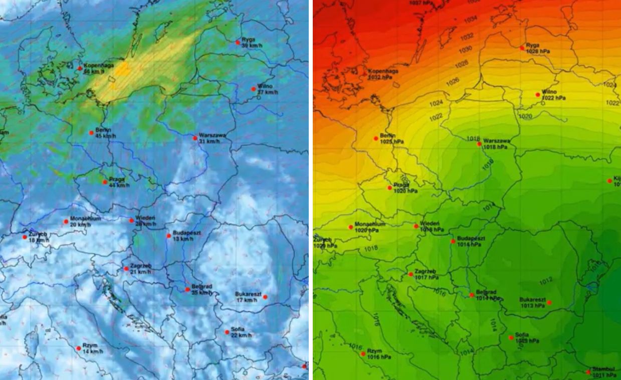 Pogoda. Im bardziej na północ tym silniejszy wiatr (po lewej) i wyższe ciśnienie