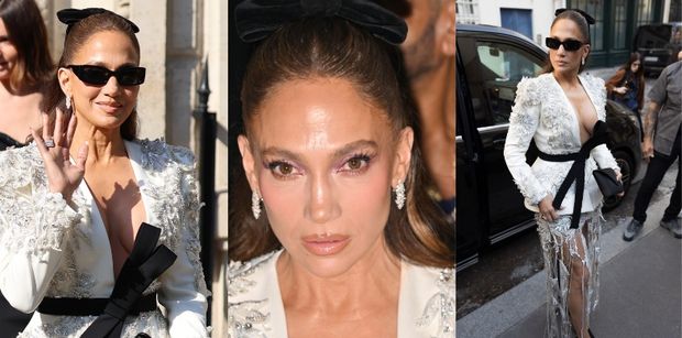 Jennifer Lopez w dekolcie DO PĘPKA i spódnicy z FRĘDZLI podbija Paryż (ZDJĘCIA)