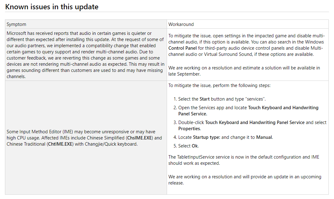 Zaktualizowana lista znanych błędów po aktualizacji KB4515384, źródło: Microsoft.
