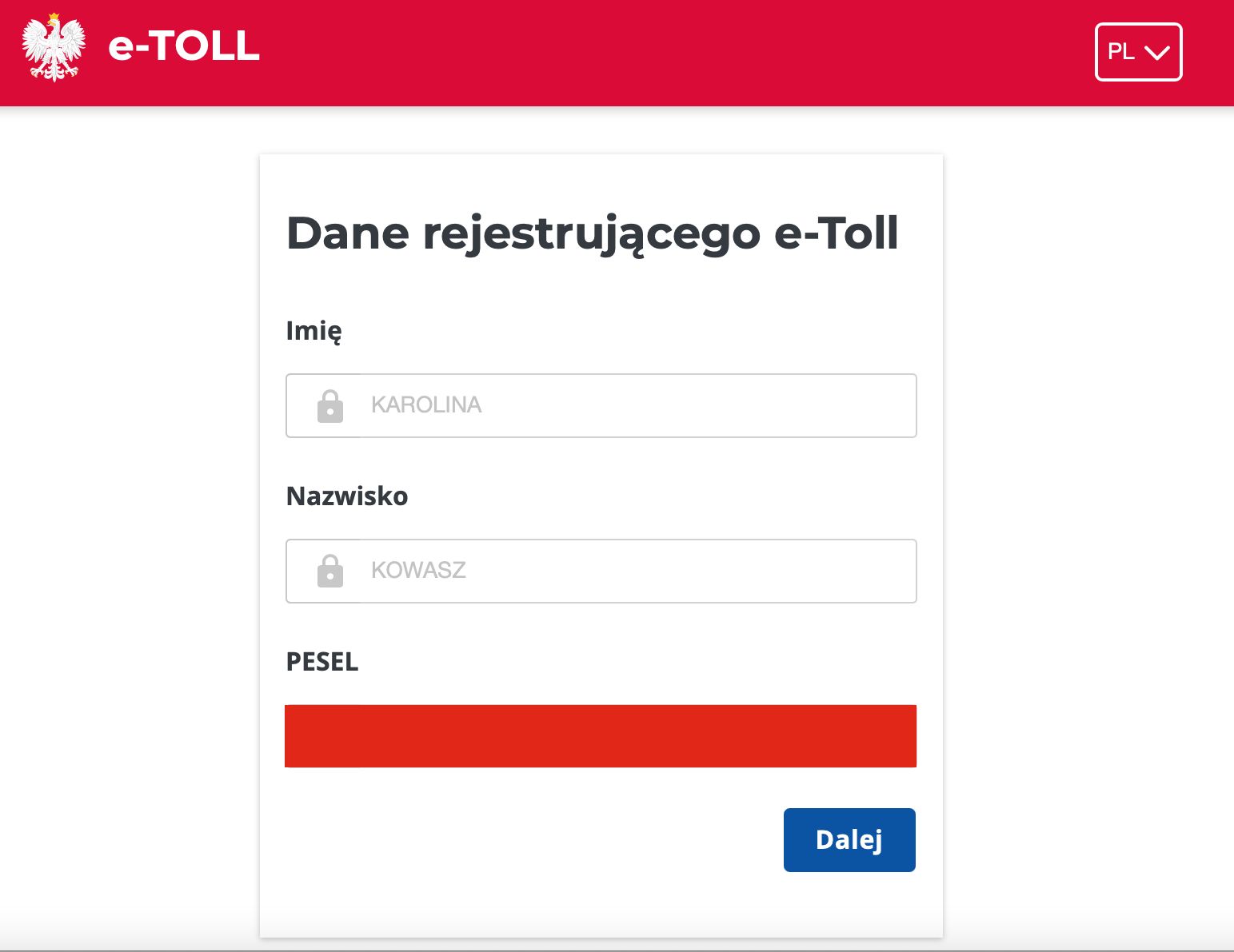 Dane rejestracji