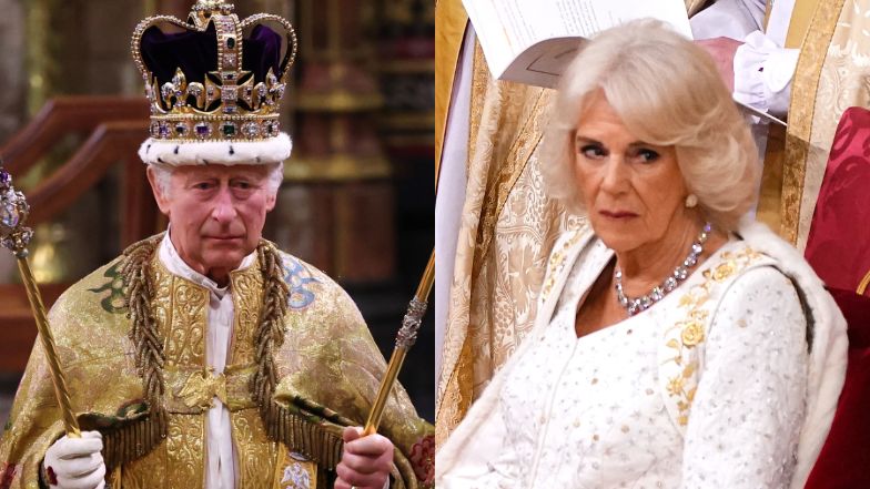 Historyczny moment: poruszony król Karol III W KORONIE. Obok królowa Camilla w kreacji ze złotymi haftami (ZDJĘCIA)