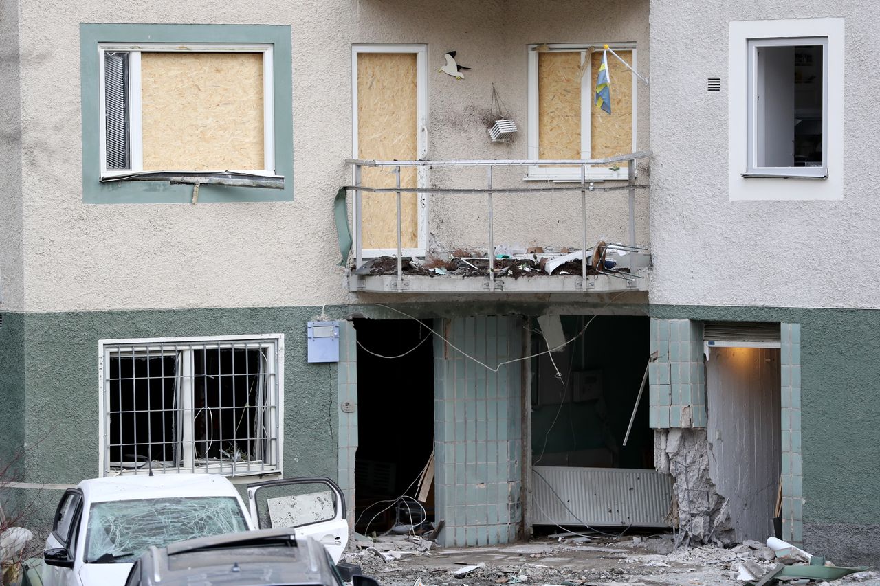 STOCKHOLM, SWEDEN - FEBRUARY 02: General view damaged caused to a block of flats after a gang-related bomb exploded early in the morning on February 02, 2024 in Sundbyberg, Sweden. Sweden has recently been in the grip of a bloody conflict between gangs fighting over arms and drug trafficking. (Photo by Linnea Rheborg/Getty Images)