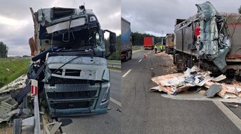Zderzenie trzech ciężarówek na trasie S61. Na drogę wylał się klej