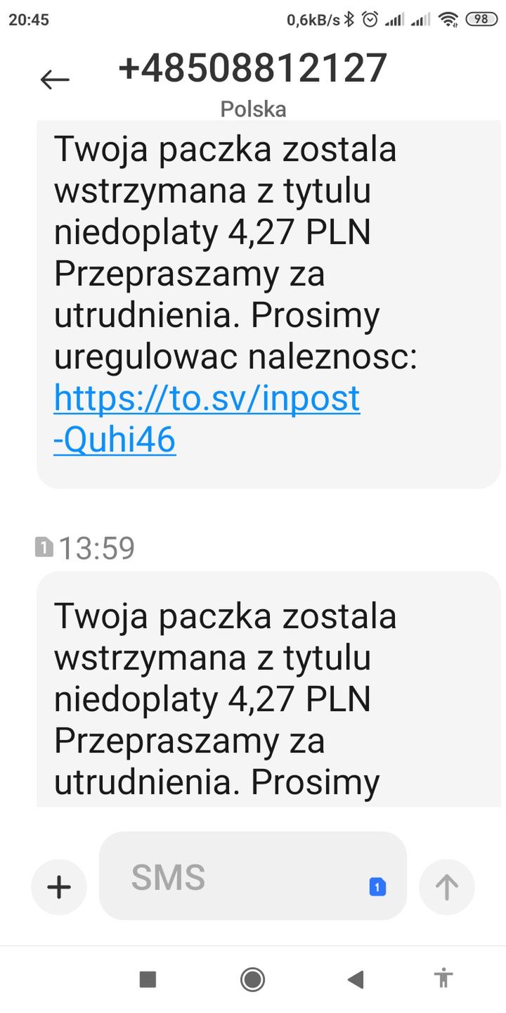 Przykładowe fałszywe SMS-y o paczkach