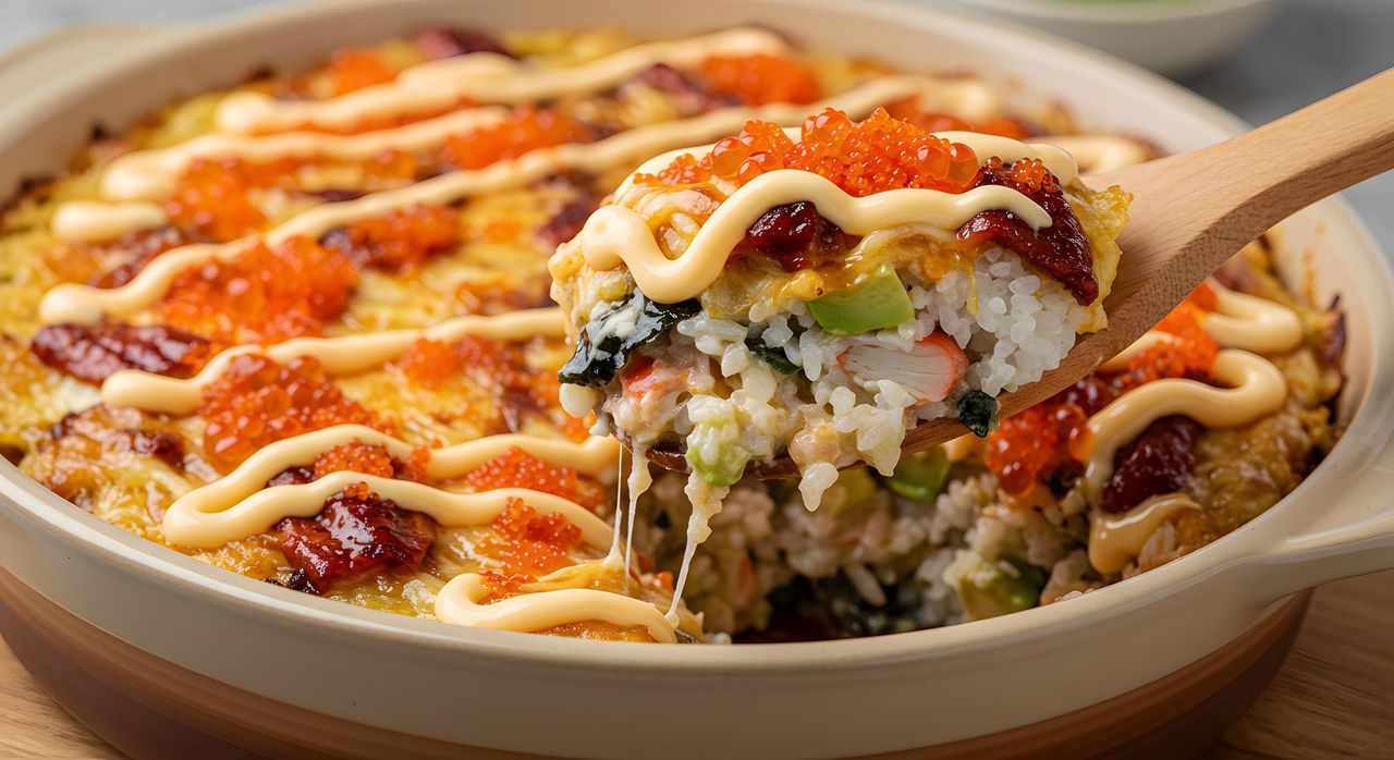 Porcja sushi bake na łyżce
