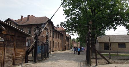 Wielka Brytania. Burza po antyszczepionkowych ulotkach. W tle grafika obozu Auschwitz