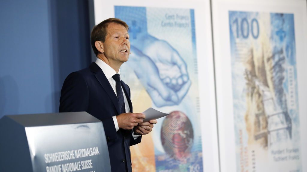 The Swiss National Bank Presents New 100 Swiss Franc Banknote
Fritz Zurbruegg, vice president of the Swiss National Bank (SNB), speaks during a news conference to present the new 100 Swiss franc banknote in Bern, Switzerland, on Tuesday, Sept. 3, 2019. Swiss National Bank sight deposits fell for the first time in seven weeks, suggesting the central bank has scaled back interventions to weaken the franc. Photographer: Stefan Wermuth/Bloomberg via Getty Images
Bloomberg
money