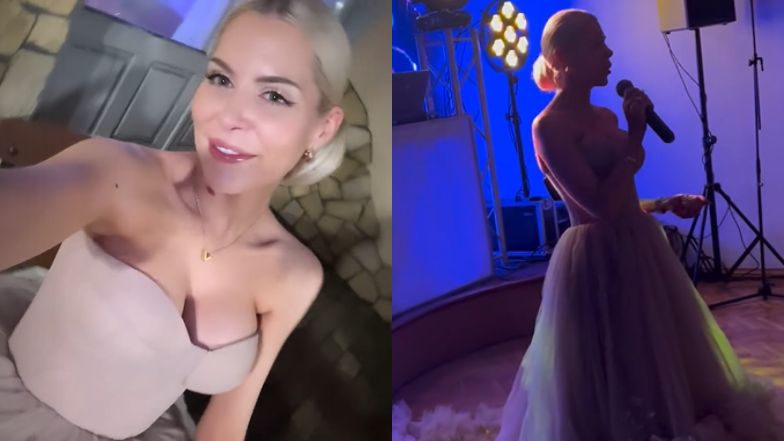 Julia von Stein klnie podczas przemowy na ślubie babci