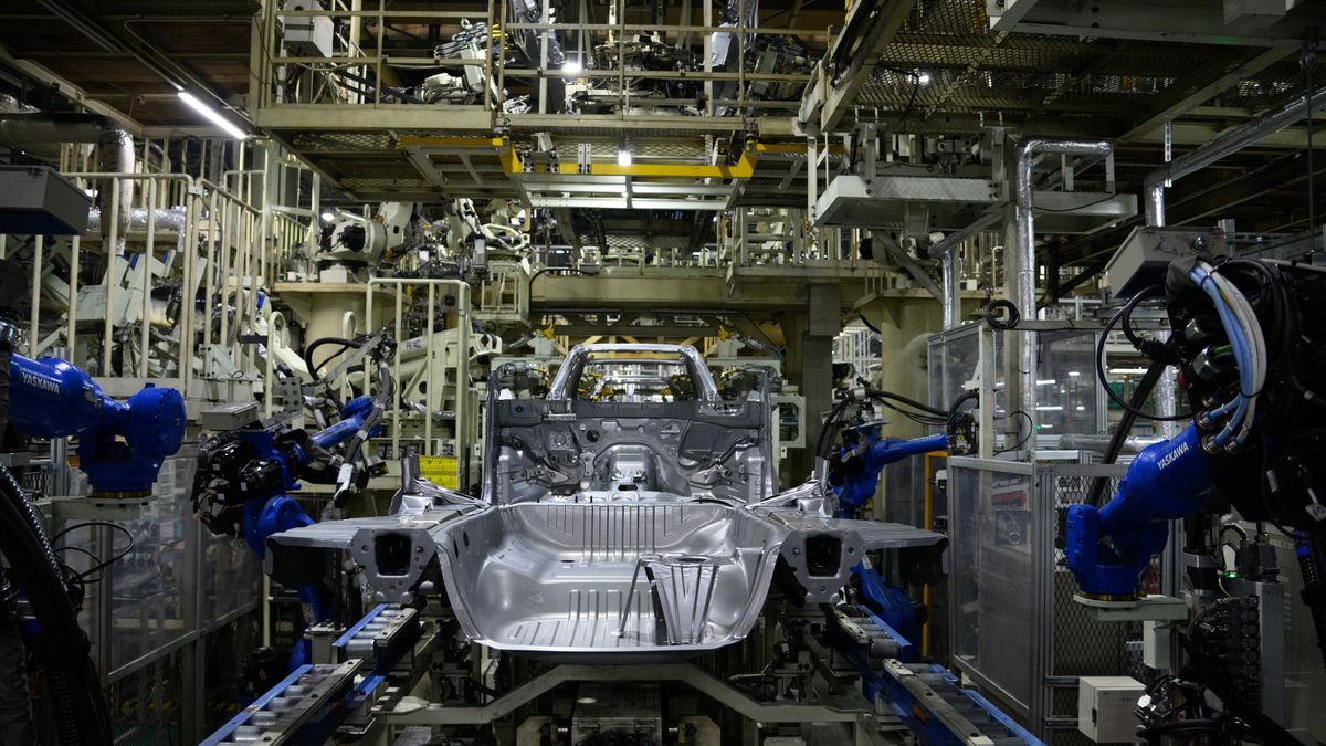 Vehicle frames on the production line at the Subaru Corp. Gunma Plant Yajima Factory in Ota, Gunma Prefecture, Japan, on Thursday, Dec. 14, 2023. As part of plans to revamp its development sites, Subaru plans to start operations of a new facility in its Gunma plant in January of 2024. Photographer: Akio Kon/Bloomberg via Getty Images