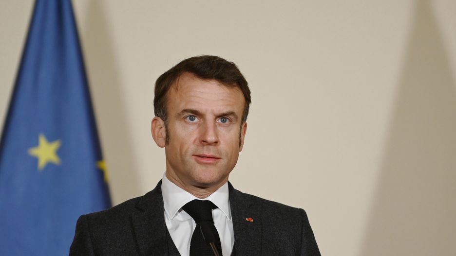 PRAGUE, CZECH REPUBLIC - 2024/03/05: French president Emmanuel Macron is seen during a joint press conference after meeting with Czech prime minister Petr Fiala (Not in view) in Prague. President of France Emmanuel Macron meets with Prime minister of the Czech Republic during his visit to the Czech Republic. During the meeting, main discussed point are cooperation in defence, energy and Russian aggression in Ukraine. (Photo by Tomas Tkacik/SOPA Images/LightRocket via Getty Images)