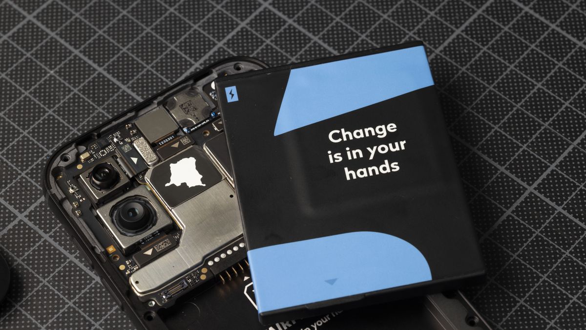 AMSTERDAM, NETHERLANDS - SEPTEMBER 8:The cutout of the country Democratic Republic of Congo (DRC) is seen inside the Fairphone 5, the world’s first customer repairable mobile phone, showed on September 8, 2023 in Amsterdam, Netherlands. Fairphone say their products encourage repair and re-usage of cellphones to lower their ecological footprint and contribution to e-waste, by making it easy and affordable for customers to fix their mobile phone in case of breakdown of a part, such as a screen, battery or camera. (Photo by Michel Porro/Getty Images)