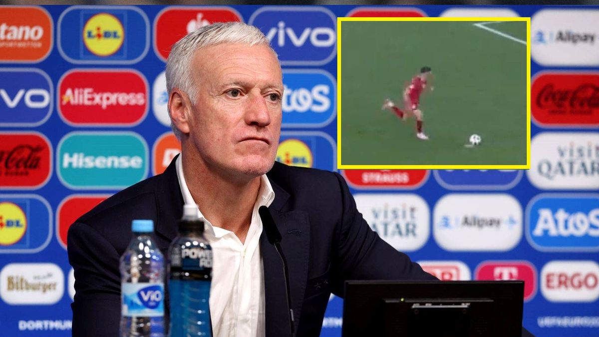 Getty Images / Christopher Lee - UEFA/UEFA via Getty Images/Twitter TVP Sport / Na dużym zdjęciu Didier Deschamps, na małym rzut karny Lewandowskiego w meczu z Francją 