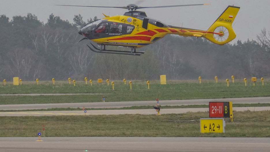 An air ambulance (LPR) Eurocopter helicopter is being seen at Lech Walesa Airport (EPGD) in Gdansk, Poland, on April 1, 2024. (Photo by Michal Fludra/NurPhoto via Getty Images)