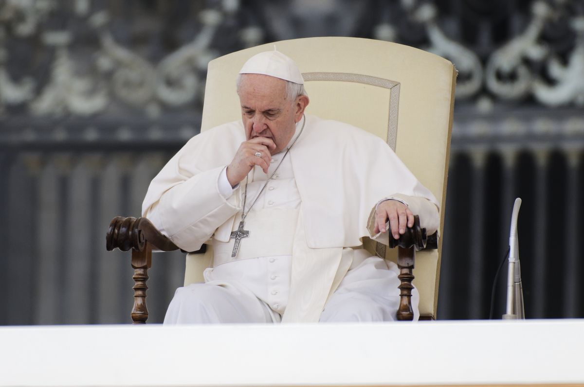 Pope Francis attends his weekly open-air general audience in St. Peter's Square at The Vatican, Wednesday, May 4, 2022 (Photo by Massimo Valicchia/NurPhoto via Getty Images)