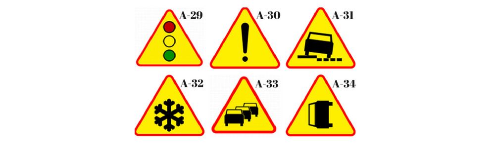Sygnały świetlne (A-29); Inne niebezpieczeństwo (A-30); Niebezpieczne pobocze (A-31); Oszronienie jezdni (A-32); Zator drogowy (A-33); Wypadek drogowy (A-34).