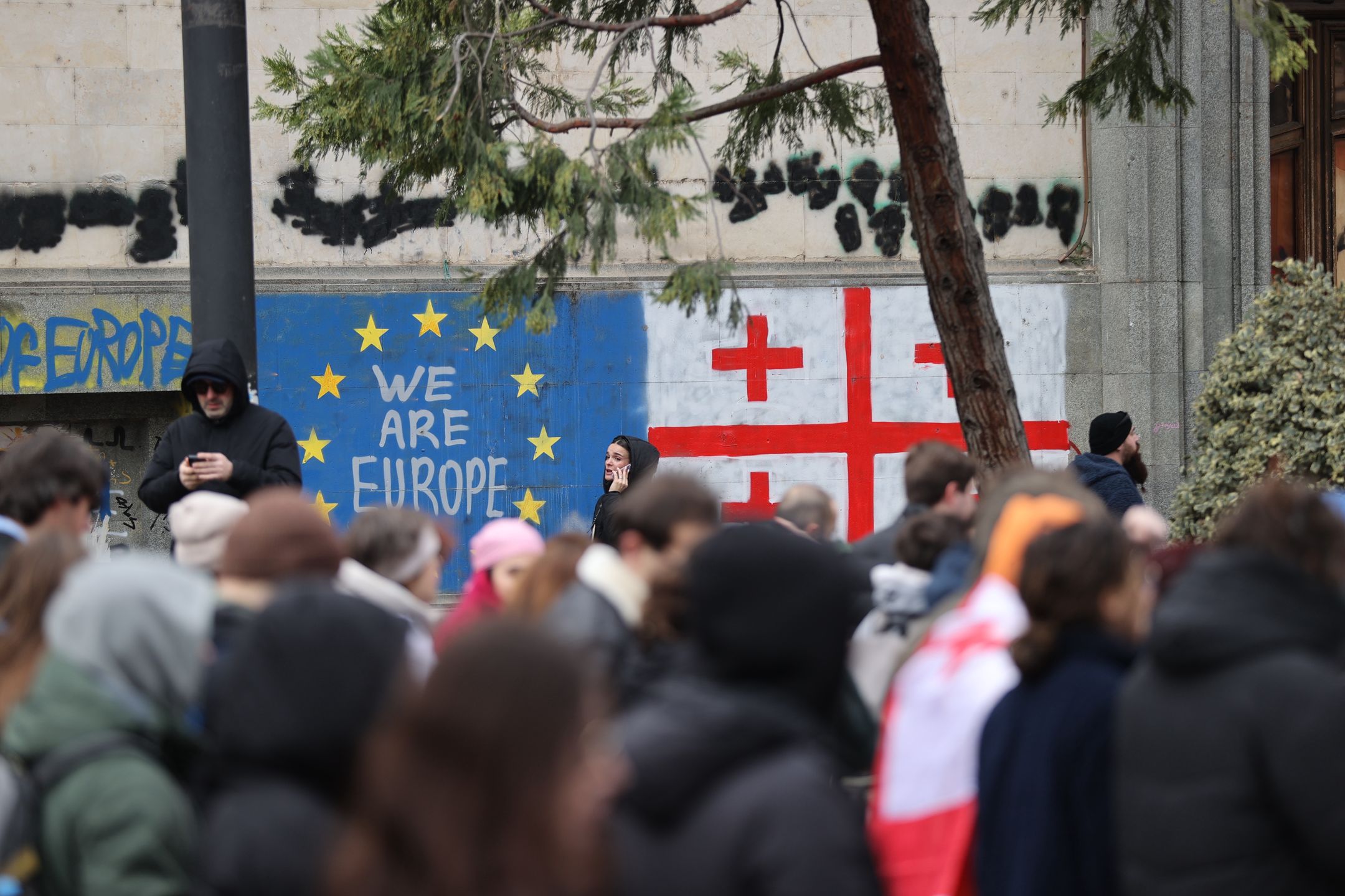 TBILISI, GEORGIA - DECEMBER 13: Private sector workers march as they protest against the suspension of the country's accession negotiations to the European Union (EU) for 4 years in Tbilisi, Georgia on December 13, 2024. (Photo by Davit Kachkachishvili/Anadolu via Getty Images)
