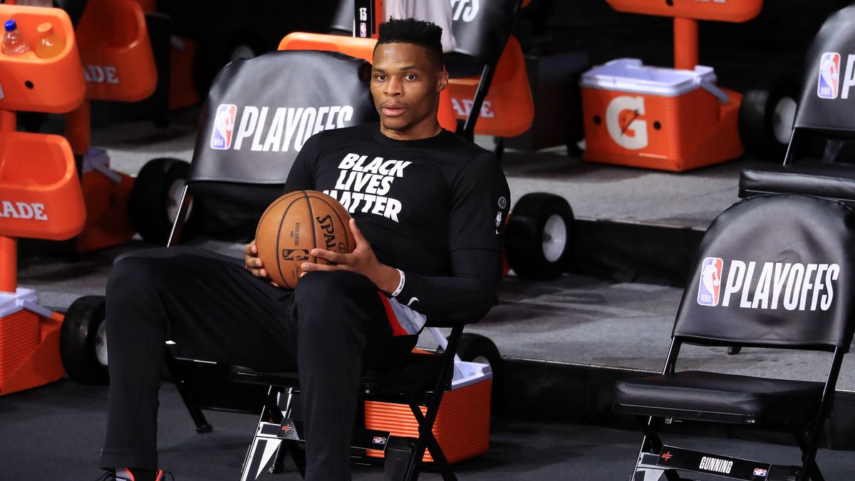 LAKE BUENA VISTA, FLORIDA - SEPTEMBER 10: Russell Westbrook #0 of the Houston Rockets prior to the start of the game against the Los Angeles Lakers in Game Four of the Western Conference Second Round during the 2020 NBA Playoffs at AdventHealth Arena at the ESPN Wide World Of Sports Complex on September 10, 2020 in Lake Buena Vista, Florida. NOTE TO USER: User expressly acknowledges and agrees that, by downloading and or using this photograph, User is consenting to the terms and conditions of the Getty Images License Agreement.  (Photo by Michael Reaves/Getty Images)