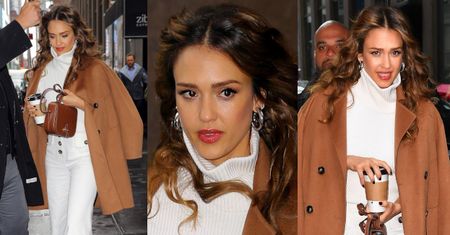 Kasztanowa Jessica Alba biega z kawusią po Manhattanie