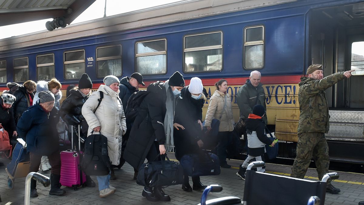 Specjalny pociag z uchodzcami ze Lwowa w PrzemysluPrzemysl, 12.03.2022 r. Uchodzcy wojenni z Ukrainy na dworcu kolejowym w Przemyslu.,Image: 669159071, License: Rights-managed, Restrictions: , Model Release: no, Credit line: Lukasz Dejnarowicz / ForumLukasz Dejnarowicz / Forumuchodzcy wojenni, uchodzca wojenny, ukraina, ukraincy, wojna, inwazja na ukraine, wojna na ukrainie, pociag specjalny, pociag humanitarny, ukraine