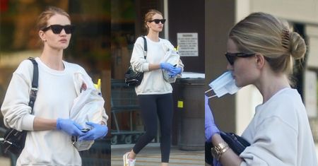 Przezorna Rosie Huntington-Whiteley robi zakupy w masce ochronnej i rękawiczkach (ZDJĘCIA)