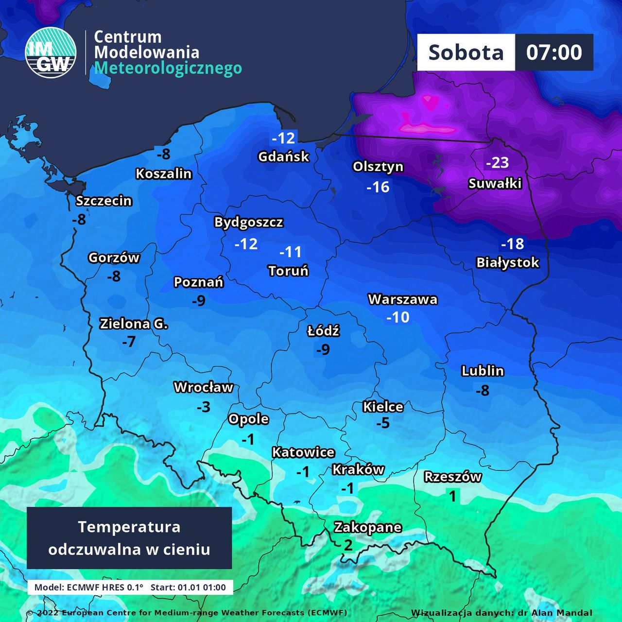 Prognoza numeryczna temperatury w sobotę o godz. 7 rano