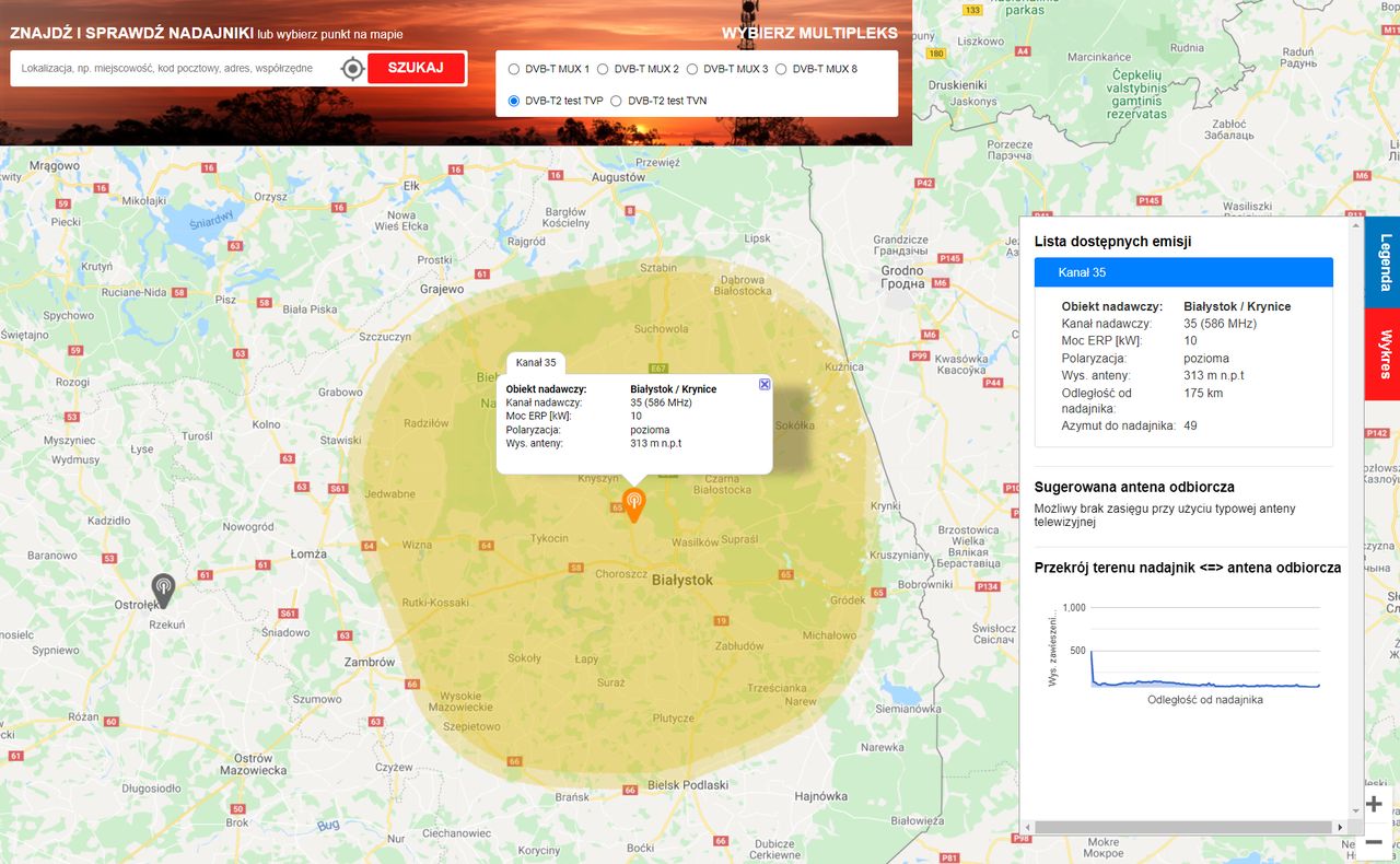 Zasięg jednego z nadajników telewizji naziemnej