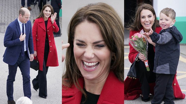 Radosna Kate Middleton w czerwonym płaszczu za 3 tysiące odwiedza Walię z księciem Williamem