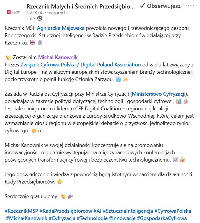 Informacja o powołaniu Michała Kanownika