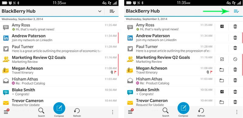 BlackBerry Hub z Instant Actions