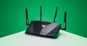 Detail of TUF Gaming AX4200 wireless router, shot in studio on green background. (Photo by Future Publishing via Getty Images)