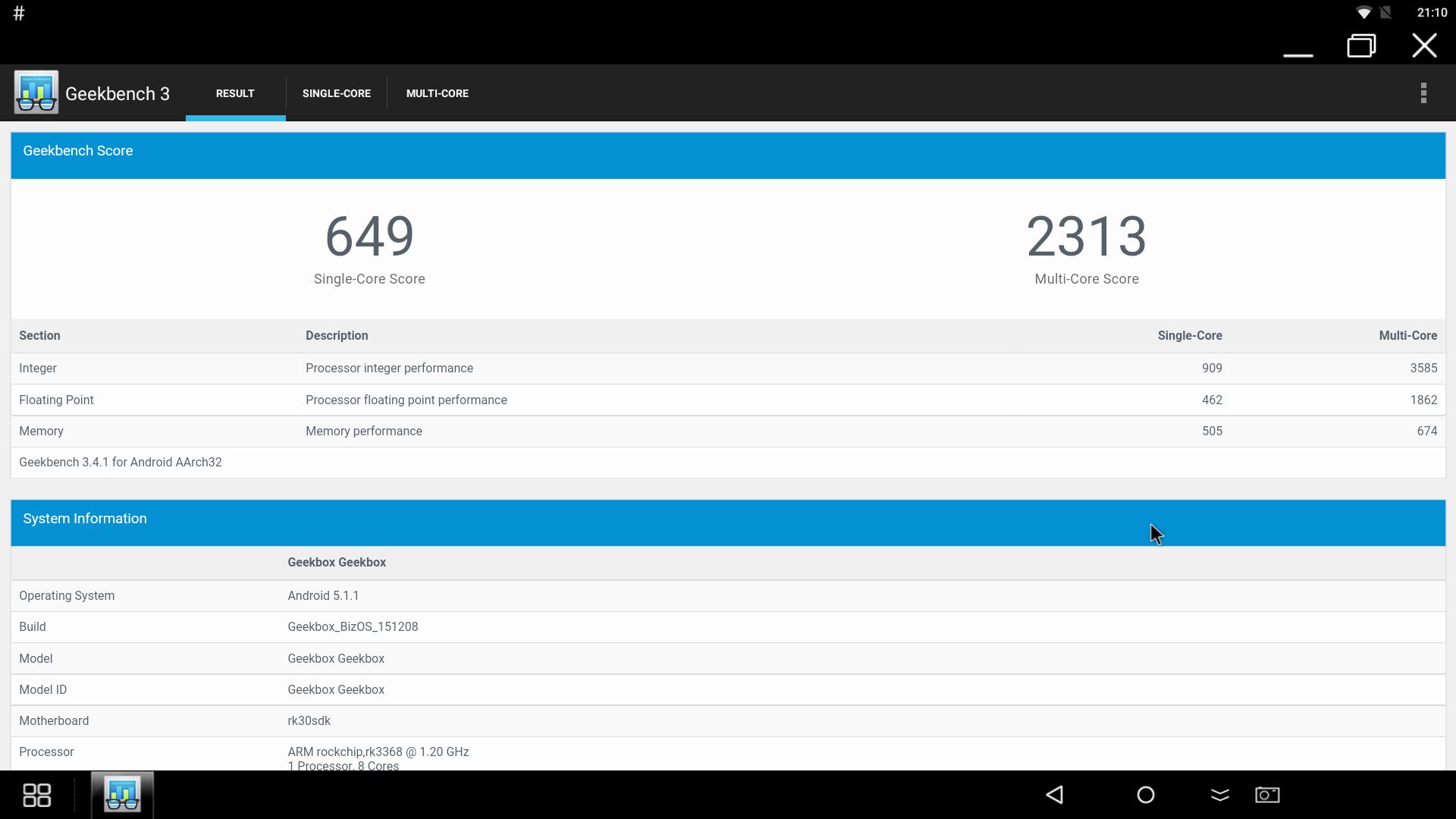 Geekbench 3 na Geekboksie z Light Biz OS-em (wersja 151208)