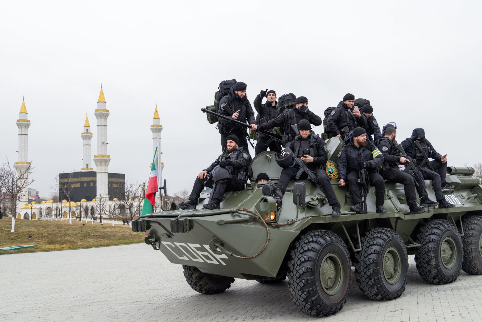 GROZNY, CHECHEN REPUBLIC, RUSSIA - FEBRUARY 25, 2022: Servicemen take part in a review of the Chechen Republic's troops and military hardware at the residence of Ramzan Kadyrov, head of the Chechen Republic. Early on 24 February, Russia's President Putin announced his decision to launch a special military operation after considering requests from the leaders of the Donetsk People's Republic and Lugansk People's Republic. Yelena Afonina/TASS (Photo by Yelena Afonina\TASS via Getty Images)