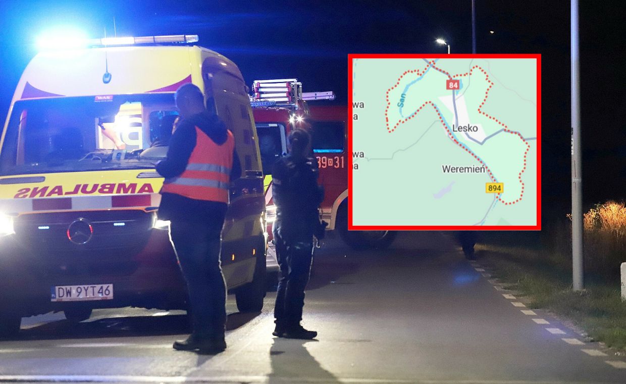 Lesko. Autokar wpadł w poślizg i zawisł nad rowem