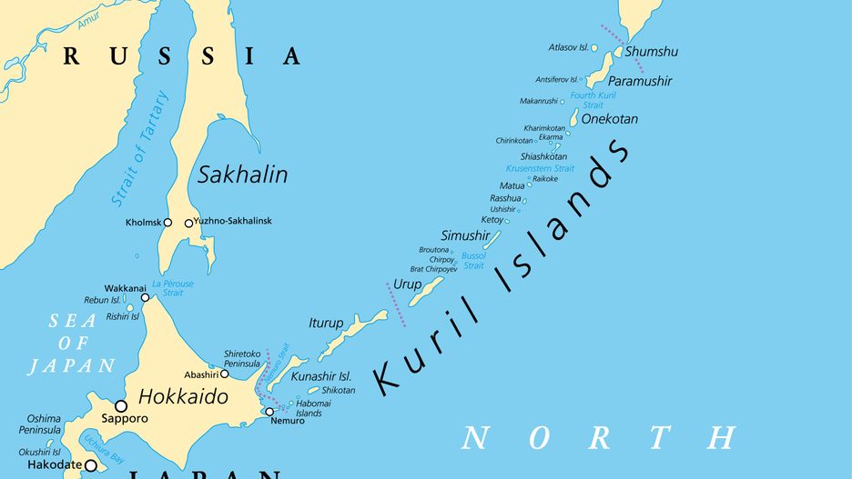 Kuril Islands, from Hokkaido to Kamchatka Peninsula, political map
Kuril Islands political map. A volcanic archipelago part of Sakhalin Oblast in the Russian Far East. It stretches from Hokkaido in Japan to Kamchatka Peninsula in Russia. Under Russian administration.
PeterHermesFurian
kurile, islands, russian, northern, territories, dispute, disputed, annexed, northern territories, okhotsk, urup, simushir, shumshu, paramushir, oblast, volcanic, ocean, political, mapping, political map