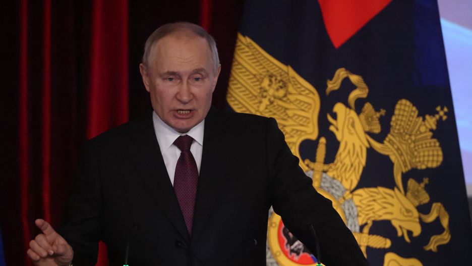 MOSCOW, RUSSIA - MARCH 20: (RUSSIA OUT) Russian President Vladimir Putin gestures during the Expanded Board Meeting at the Interior Ministry on March 20, 2023, in Moscow, Russia. Putin delivered an annual speech to top officers of the Interior Ministry and urged to stop illegal street actions and the spread of "extremist ideology". (Photo by Contributor/Getty Images)