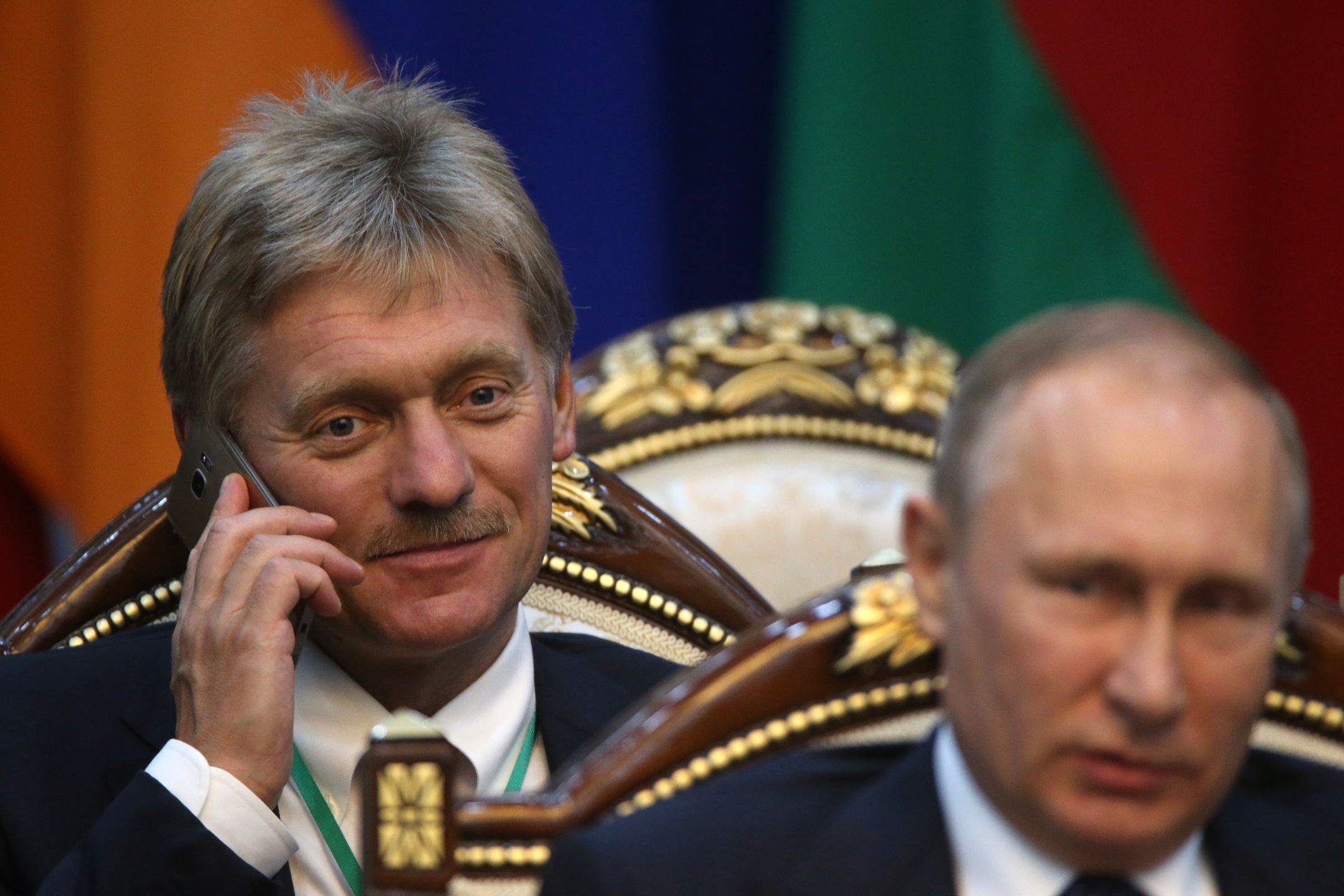 Russian President Vladimir Putin Attends CIS Summit in Kyrgyzstan
BISHKEK, KYRGYZSTAN- SEPTEMBER, 16 (RUSSIA OUT) Russian Preisdent Vladimir Putin (R) smiles as Presidential Press Secretary Dmitry Peskov (L) speaks by a cell phone during the CIS Summit plenary session, on September 16, 2016 in Bishkek, Kyrgyzstan. Putin is having a two-days to Kyrgyzstan to attend the summit of post-Soviet states. (Photo by Mikhail Svetlov/Getty Images)
Mikhail Svetlov
Putin