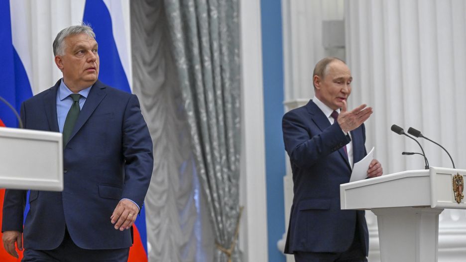 MOSCOW, RUSSIA - JULY 05: Russian President Vladimir Putin (R) and Hungarian Prime Minister Viktor Orban (L) hold a joint press conference following their meeting at the Kremlin in Moscow, Russia on July 05, 2024. (Photo by Sefa Karacan/Anadolu via Getty Images)